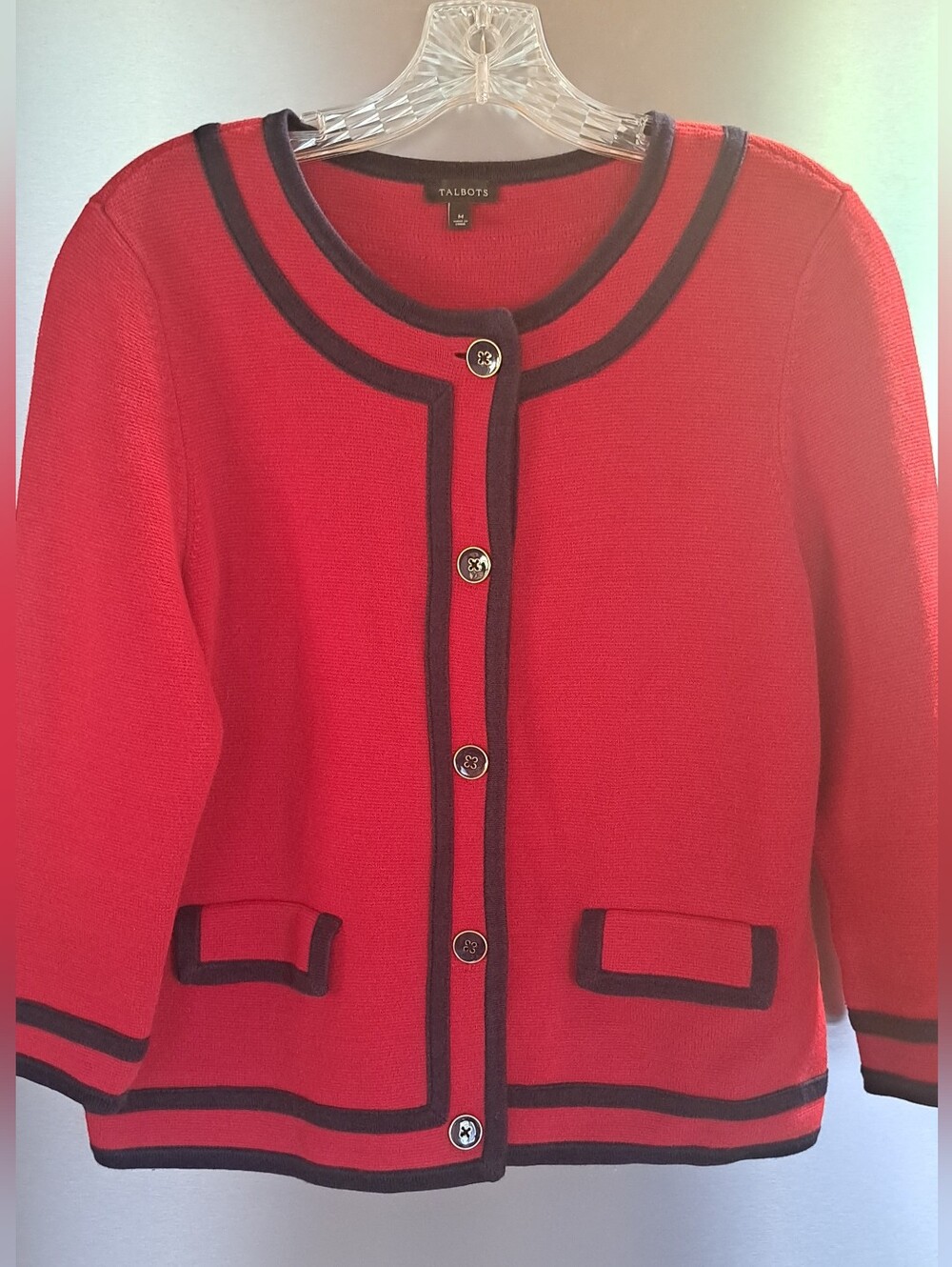 Talbots Red Navy Blue Trim Jacket Blazar Sweater Cotton Rayon Office Med